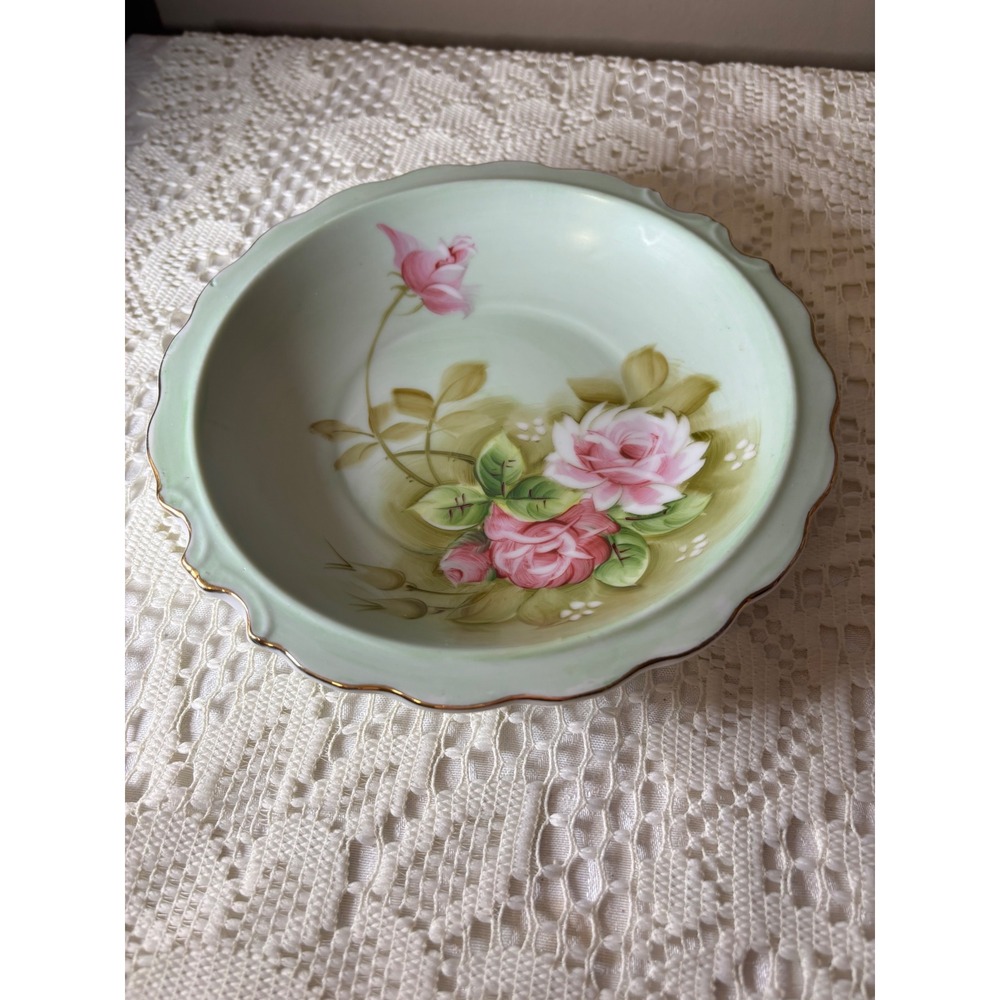 Lefton China Hand Painted Pink Rose Bowl Scalloped Gold Rim Vintage 4578 Japan